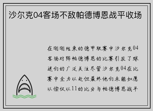 沙尔克04客场不敌帕德博恩战平收场